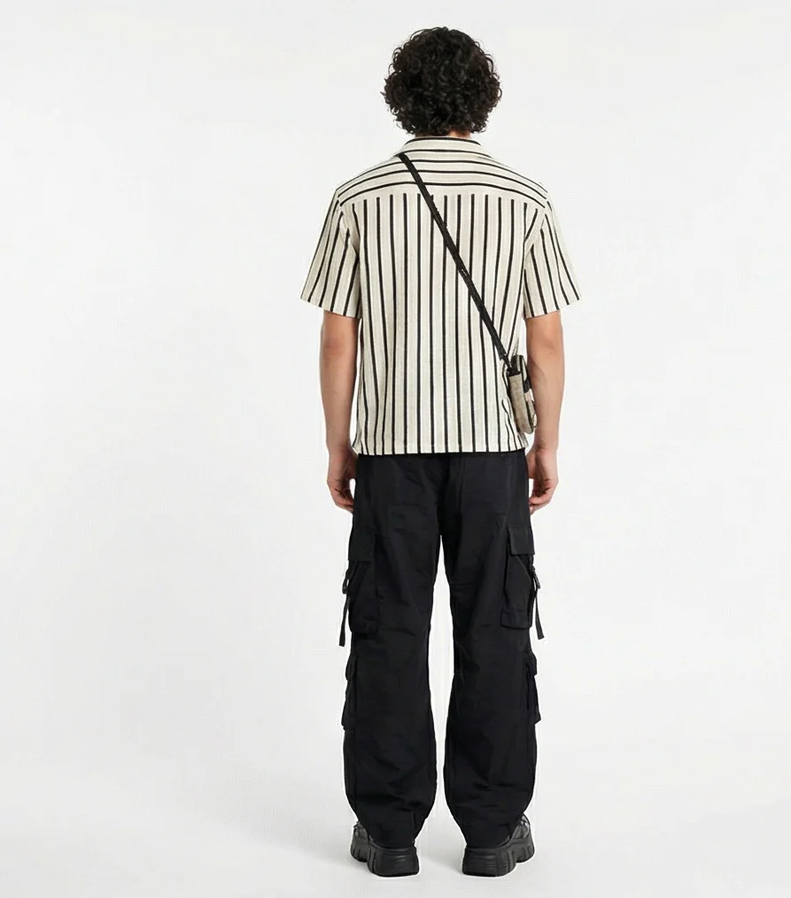 Off-White & Black Vertical Striped Camp Collar Shirt - R217511 - Image 4