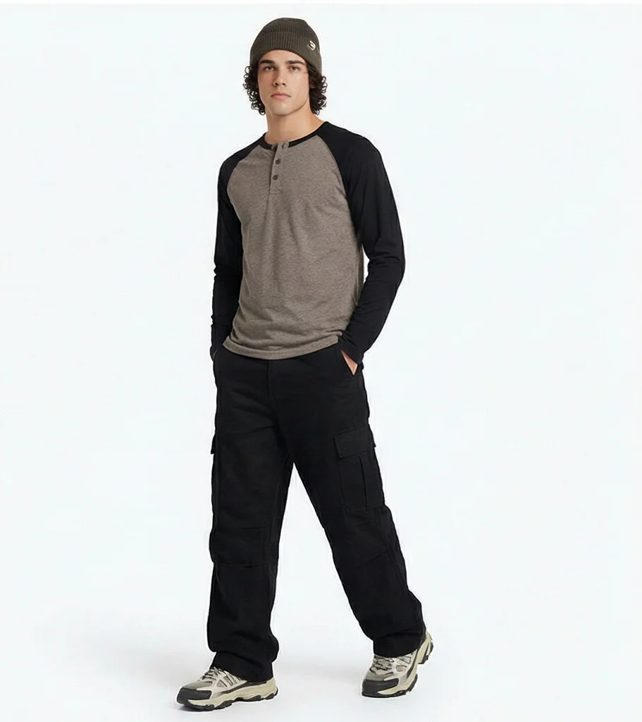 Men's Heathered Raglan Henley Long Sleeve T-Shirt - R217564 - Image 3