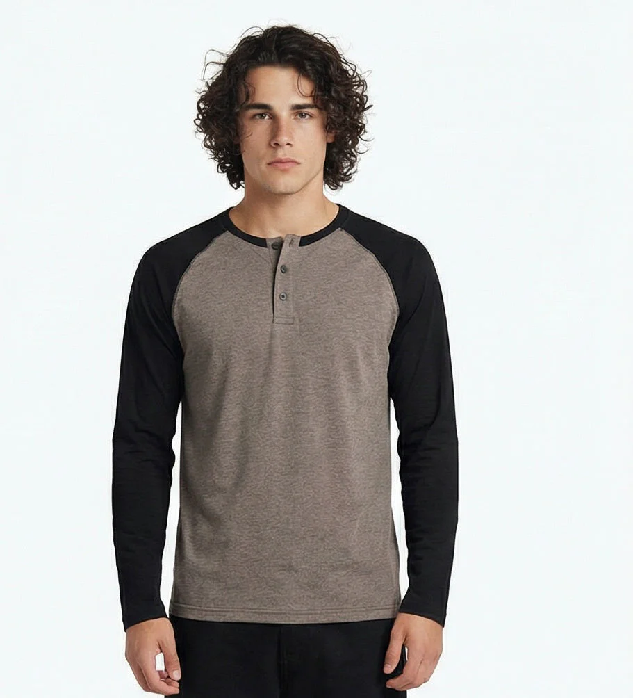 Men's Heathered Raglan Henley Long Sleeve T-Shirt - R217564 - Image 5