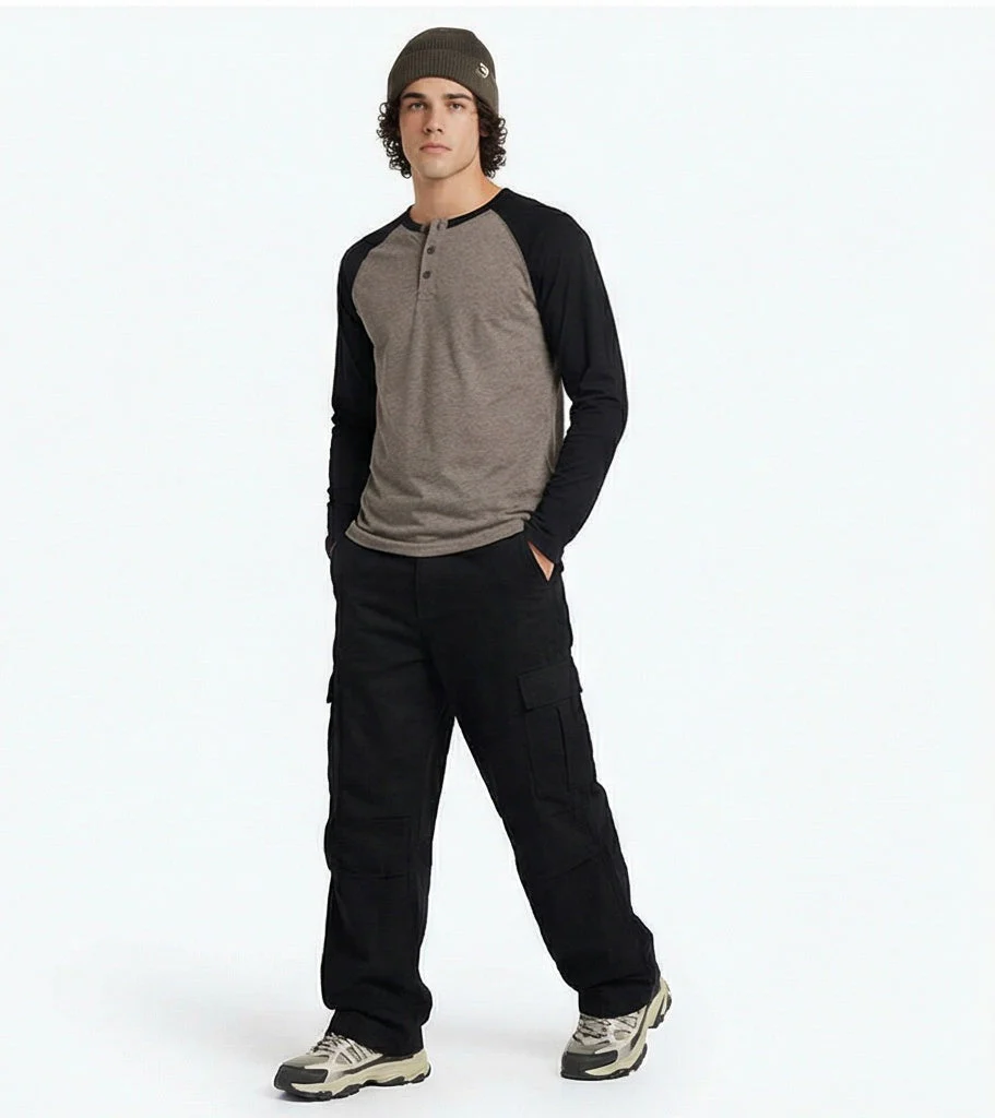 Men's Heathered Raglan Henley Long Sleeve T-Shirt - R217564 - Image 7