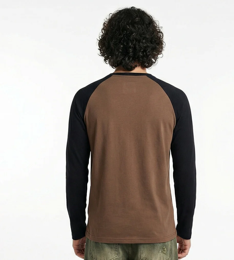 Two-Tone Raglan Henley Long Sleeve Tee - Brown/Black - R217565 - Image 2