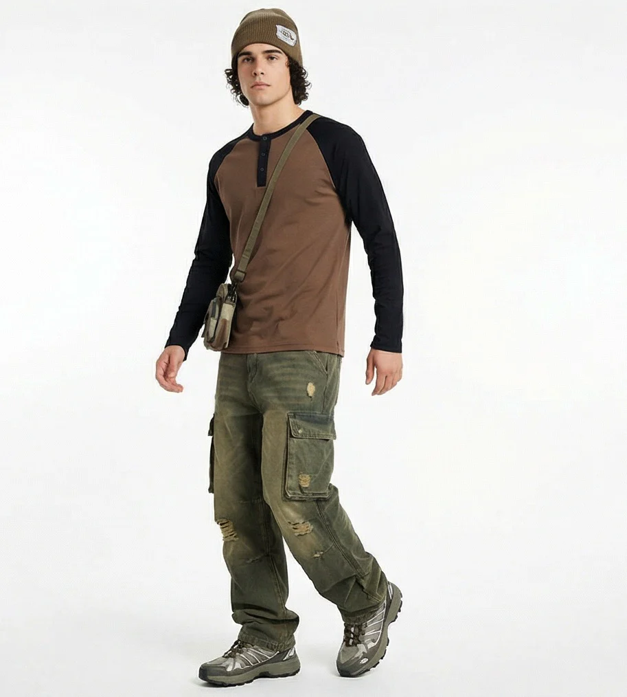 Two-Tone Raglan Henley Long Sleeve Tee - Brown/Black - R217565 - Image 3
