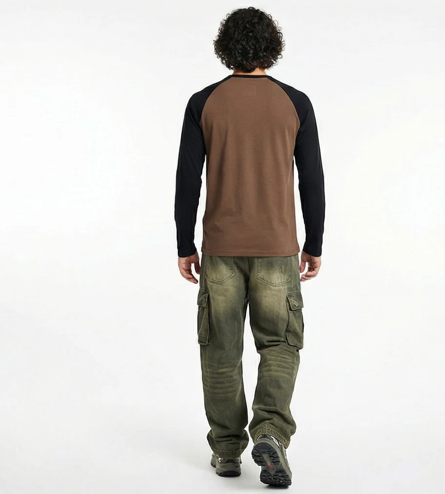 Two-Tone Raglan Henley Long Sleeve Tee - Brown/Black - R217565 - Image 4