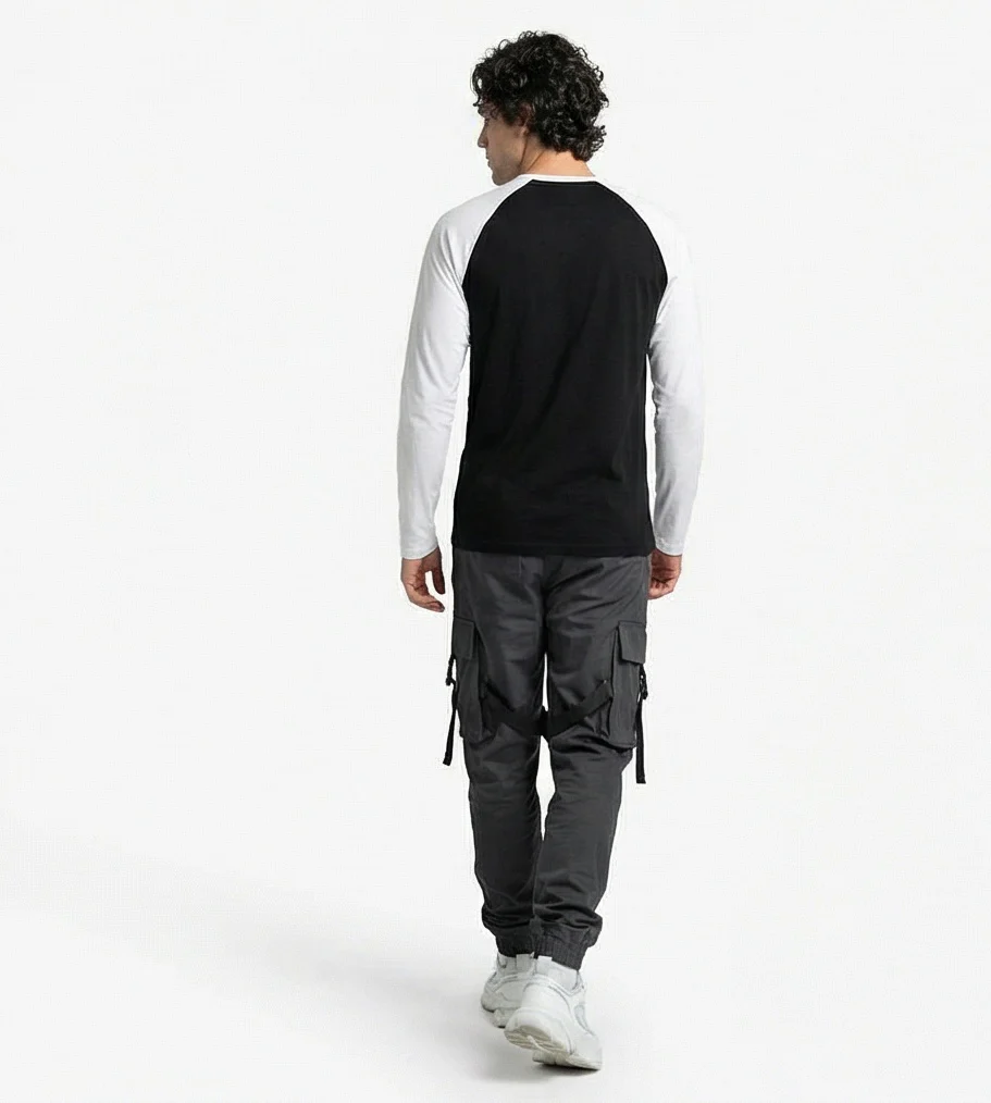 Men's Contrast Raglan Long Sleeve Henley T-Shirt - Black & White - R217566 - Image 4