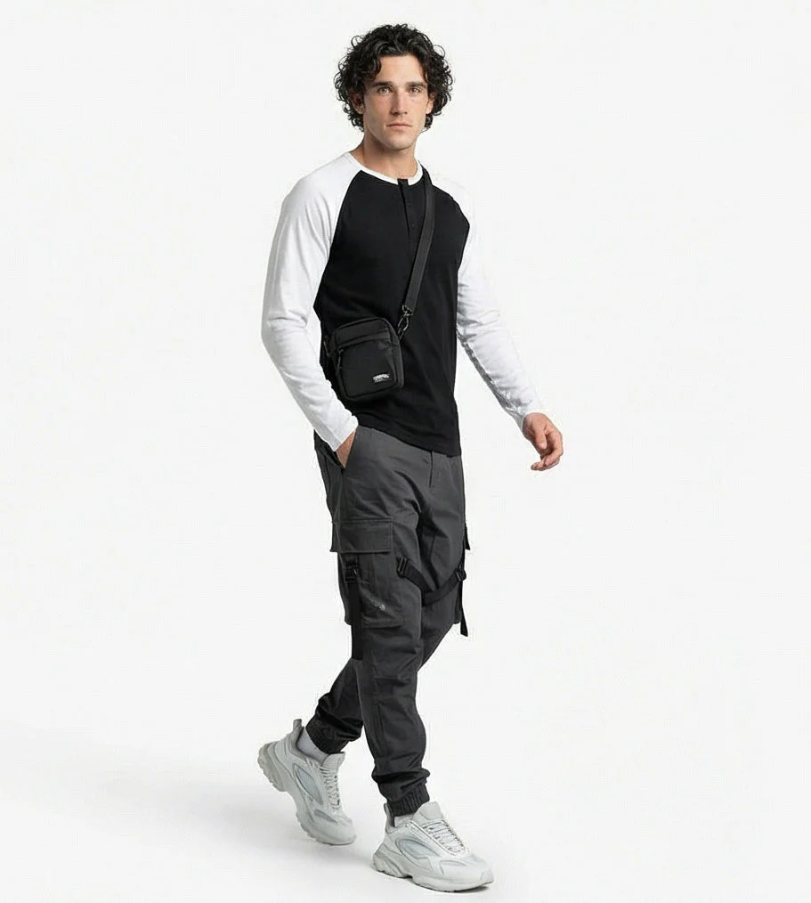 Men's Contrast Raglan Long Sleeve Henley T-Shirt - Black & White - R217566 - Image 7