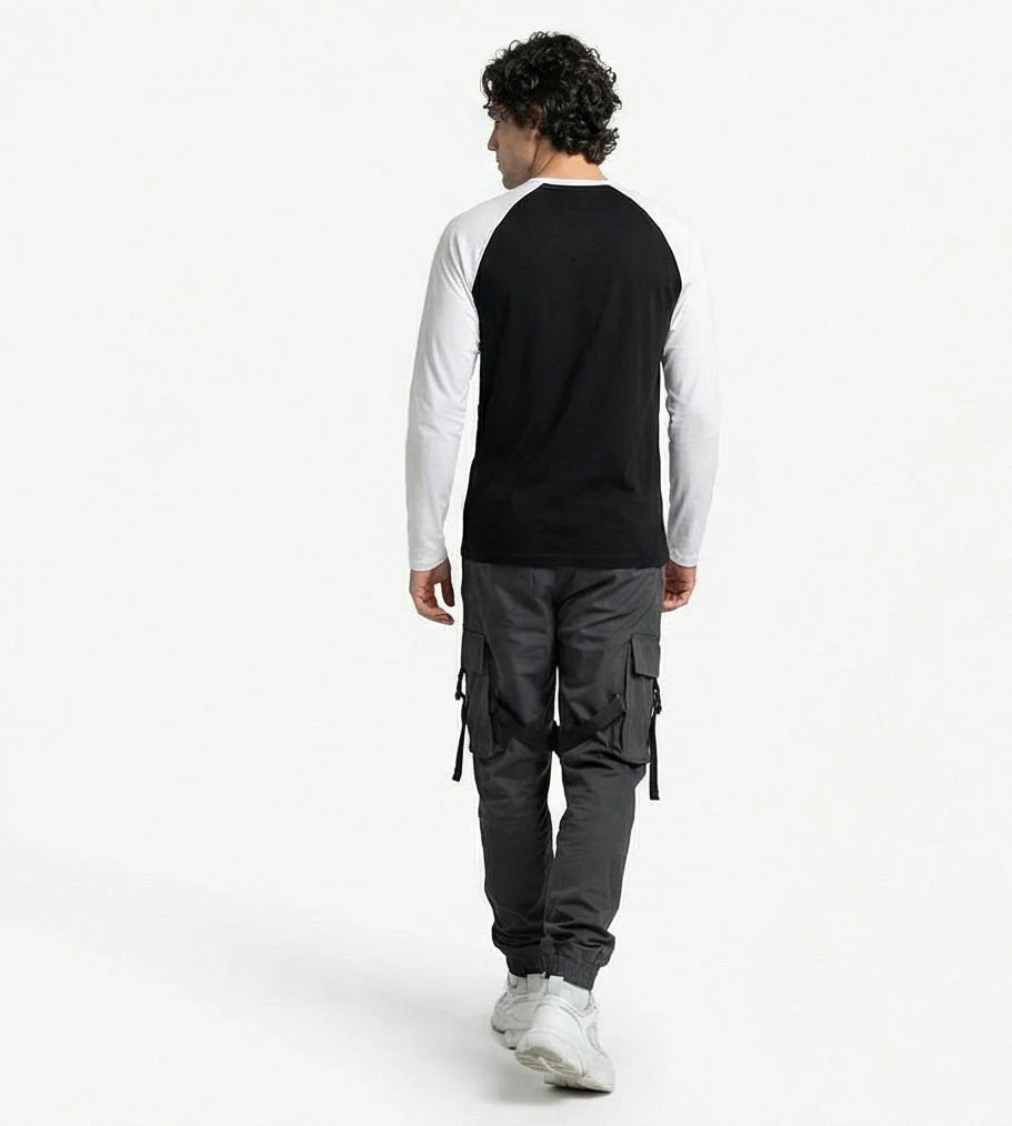 Men's Contrast Raglan Long Sleeve Henley T-Shirt - Black & White - R217566 - Image 8