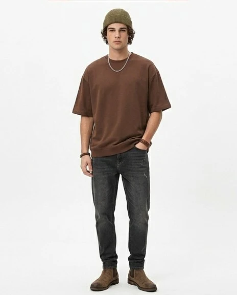 Men's Chocolate Brown Oversized Relaxed Fit Short Sleeve Sweatshirt - R217686-DEF - Image 3