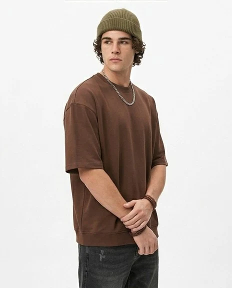 Men's Chocolate Brown Oversized Relaxed Fit Short Sleeve Sweatshirt - R217686-DEF - Image 4