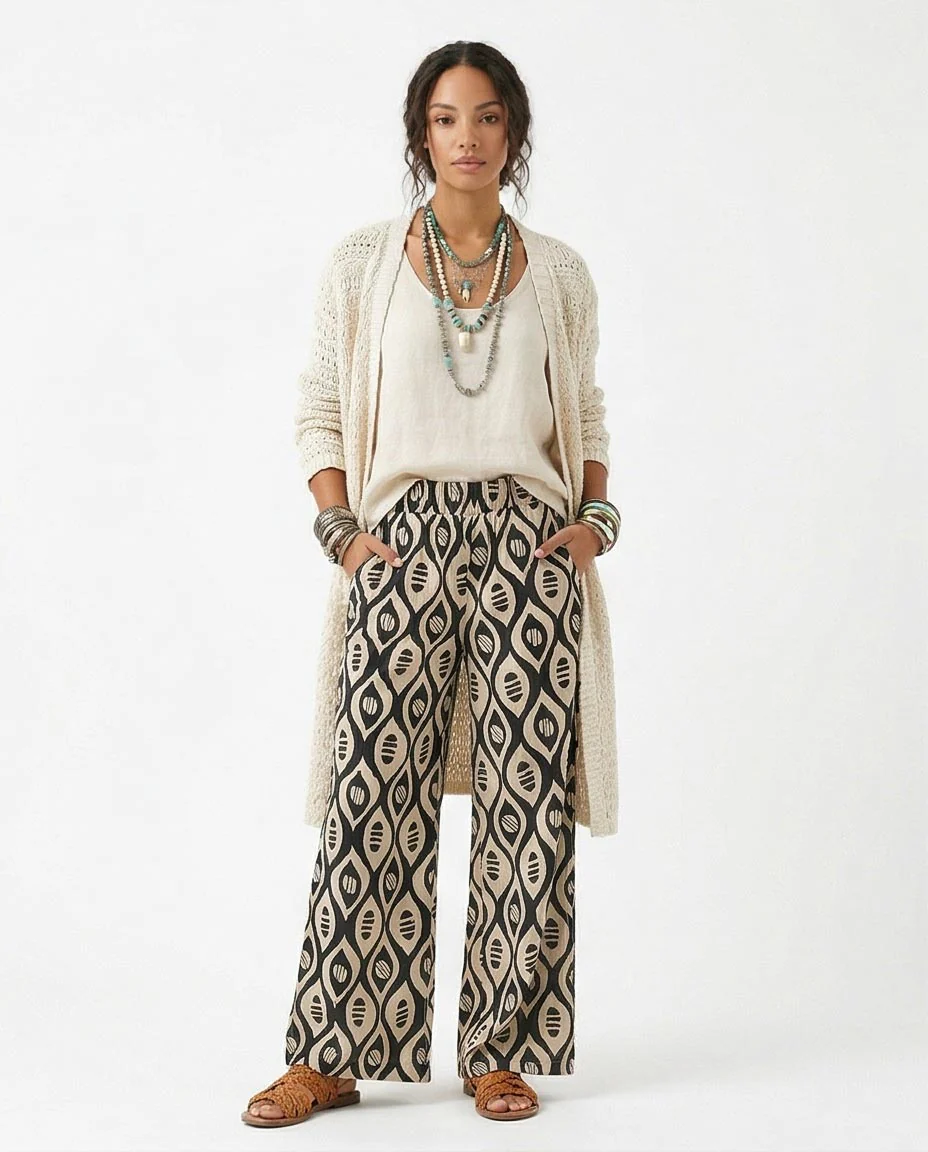 Ravin Wide-Leg Geometric Print Trousers in Black & Cream - R217468 - Image 3