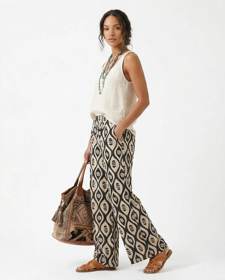 Ravin Wide-Leg Geometric Print Trousers in Black & Cream - R217468 - Image 4