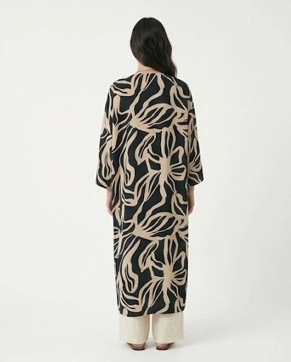 Ravin Bold Botanical Open-Front Longline Kimono - Black & Cream - R216600 - Image 2