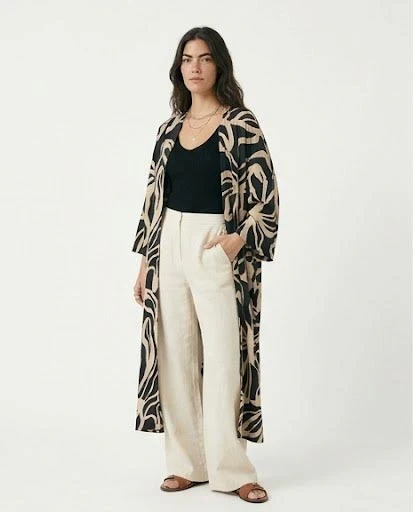 Ravin Bold Botanical Open-Front Longline Kimono - Black & Cream - R216600 - Image 3