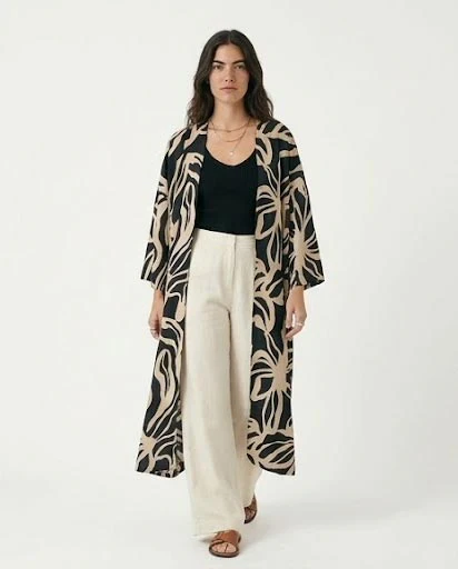 Ravin Bold Botanical Open-Front Longline Kimono - Black & Cream - R216600 - Image 4