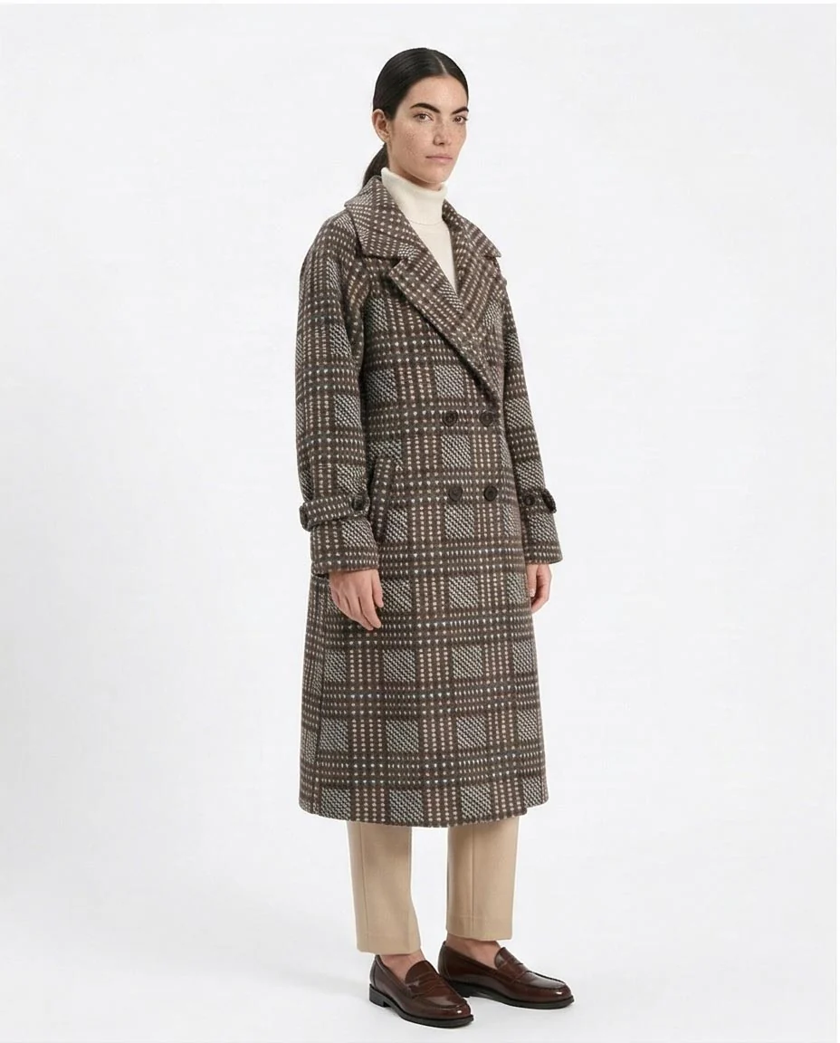 Ravin Checked Double-Breasted Longline Overcoat - R211662 - Image 4
