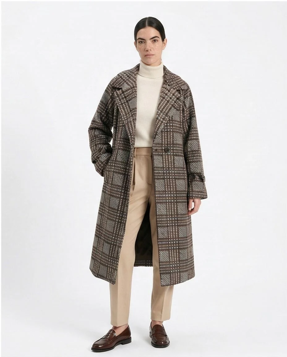 Ravin Checked Double-Breasted Longline Overcoat - R211662 - Image 5