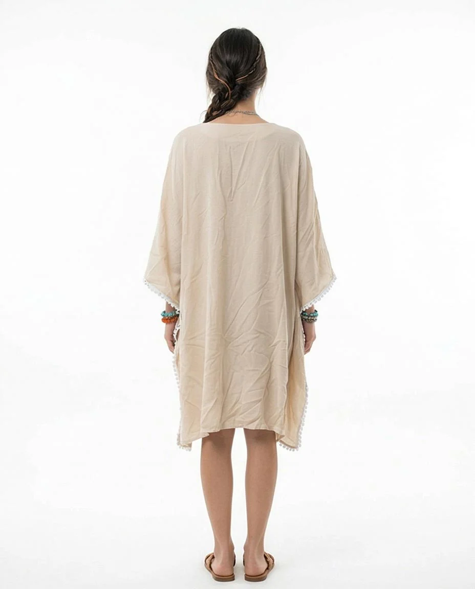 Ravin Pom-Pom Trim V-Neck Boho Tunic Dress – Cream - R217015 - Image 2