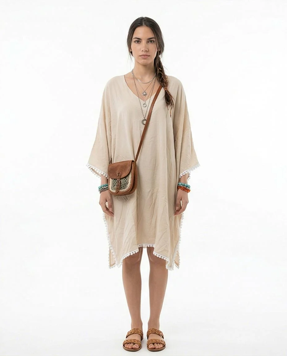Ravin Pom-Pom Trim V-Neck Boho Tunic Dress – Cream - R217015 - Image 3
