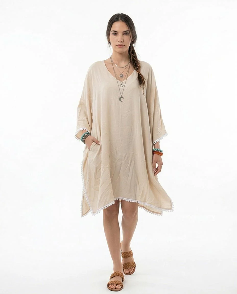 Ravin Pom-Pom Trim V-Neck Boho Tunic Dress – Cream - R217015 - Image 4