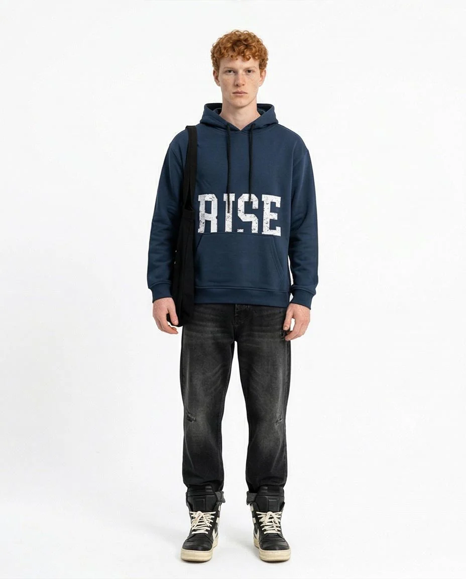 Ravin Distressed 'RISE' Graphic Pullover Hoodie - Navy - R212191 - Image 3