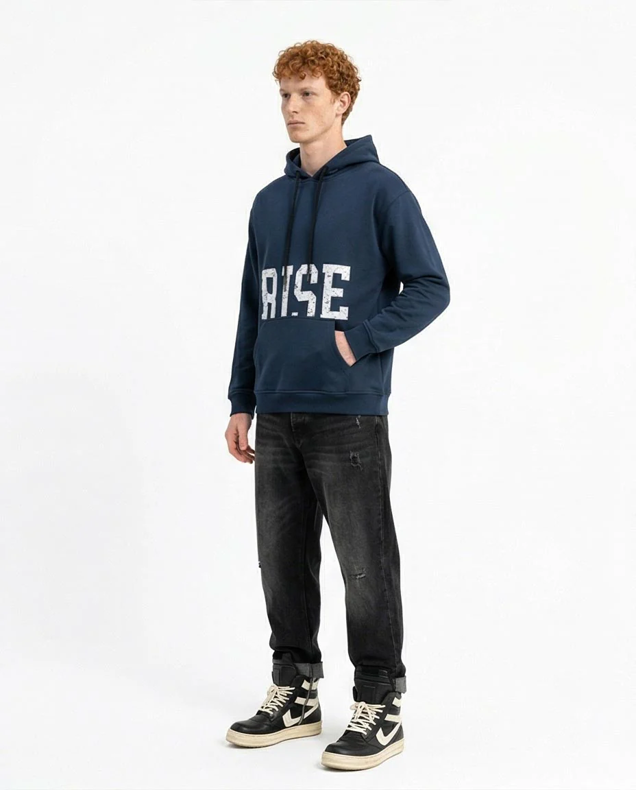 Ravin Distressed 'RISE' Graphic Pullover Hoodie - Navy - R212191 - Image 4