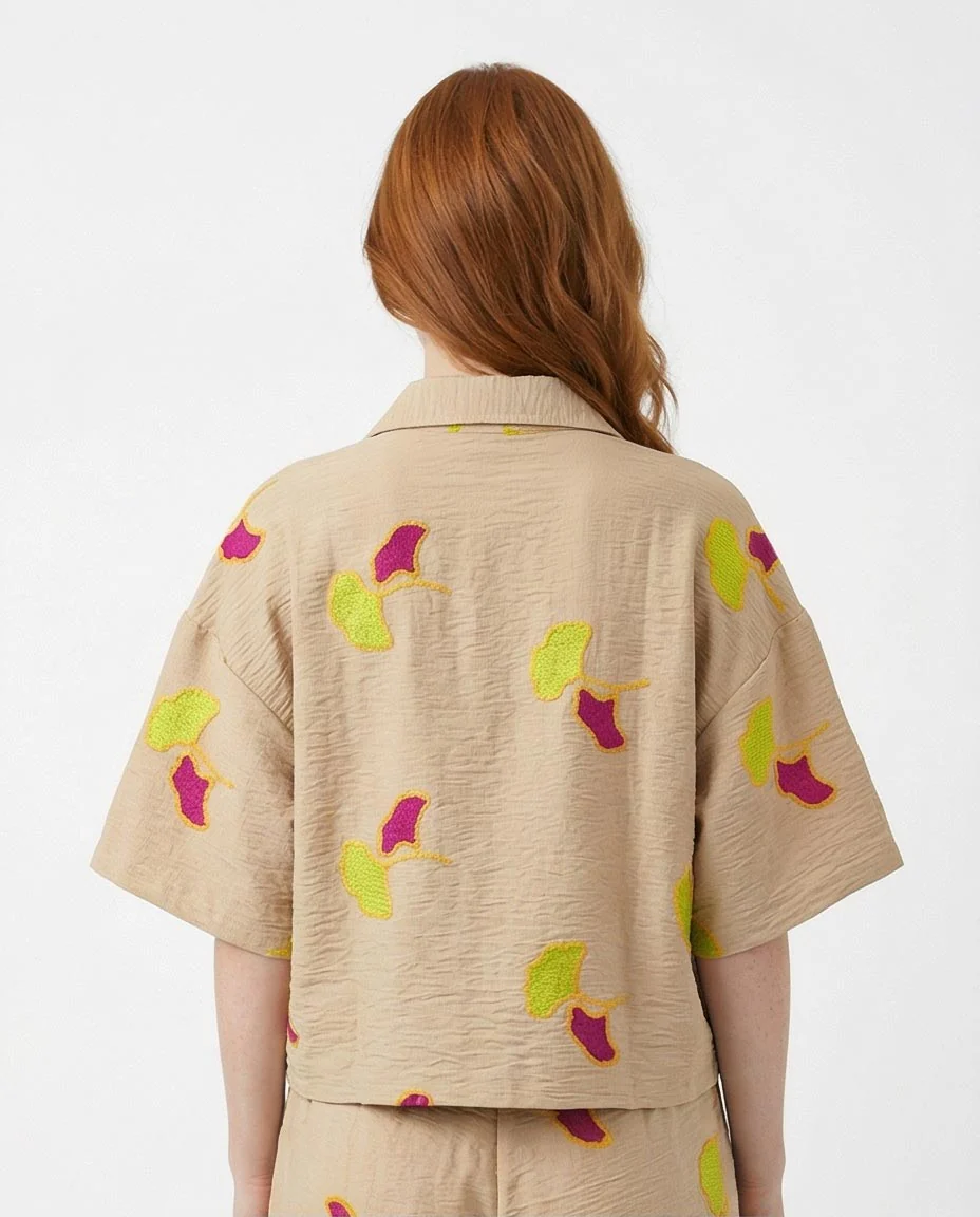 Ravin Ginkgo Leaf Embroidered Plissé Cropped Shirt - R216949 - Image 2