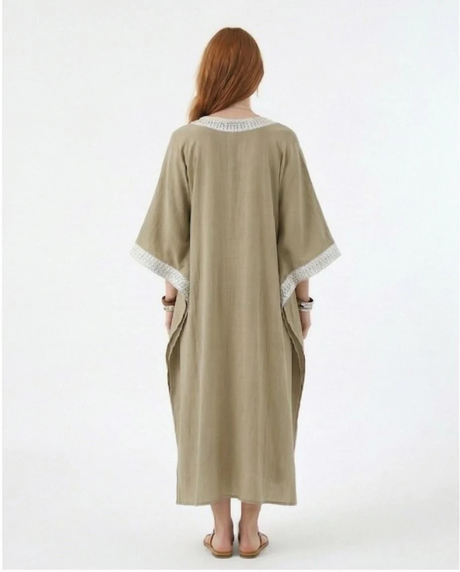 Embroidered V-Neck Kaftan Maxi Dress – Light Khaki - R217237 - Image 2