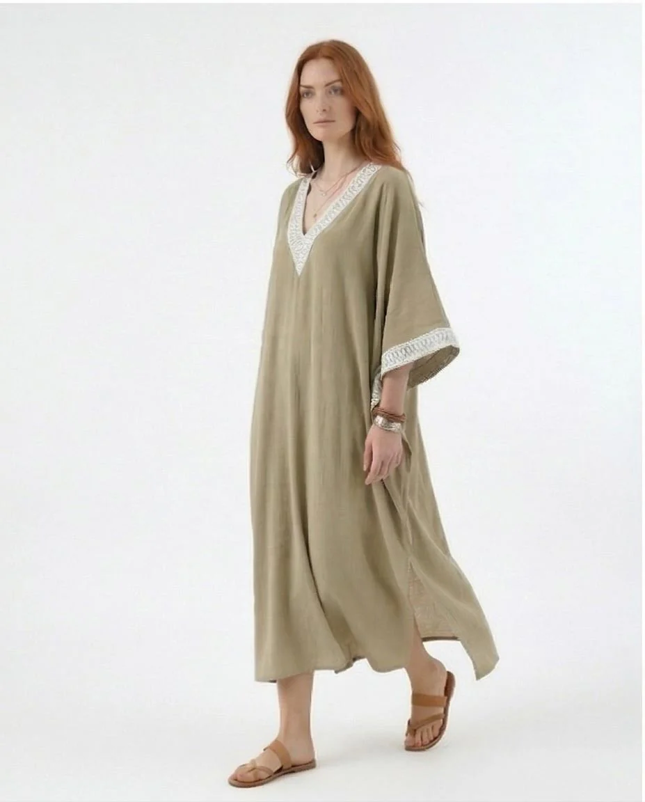 Embroidered V-Neck Kaftan Maxi Dress – Light Khaki - R217237 - Image 3
