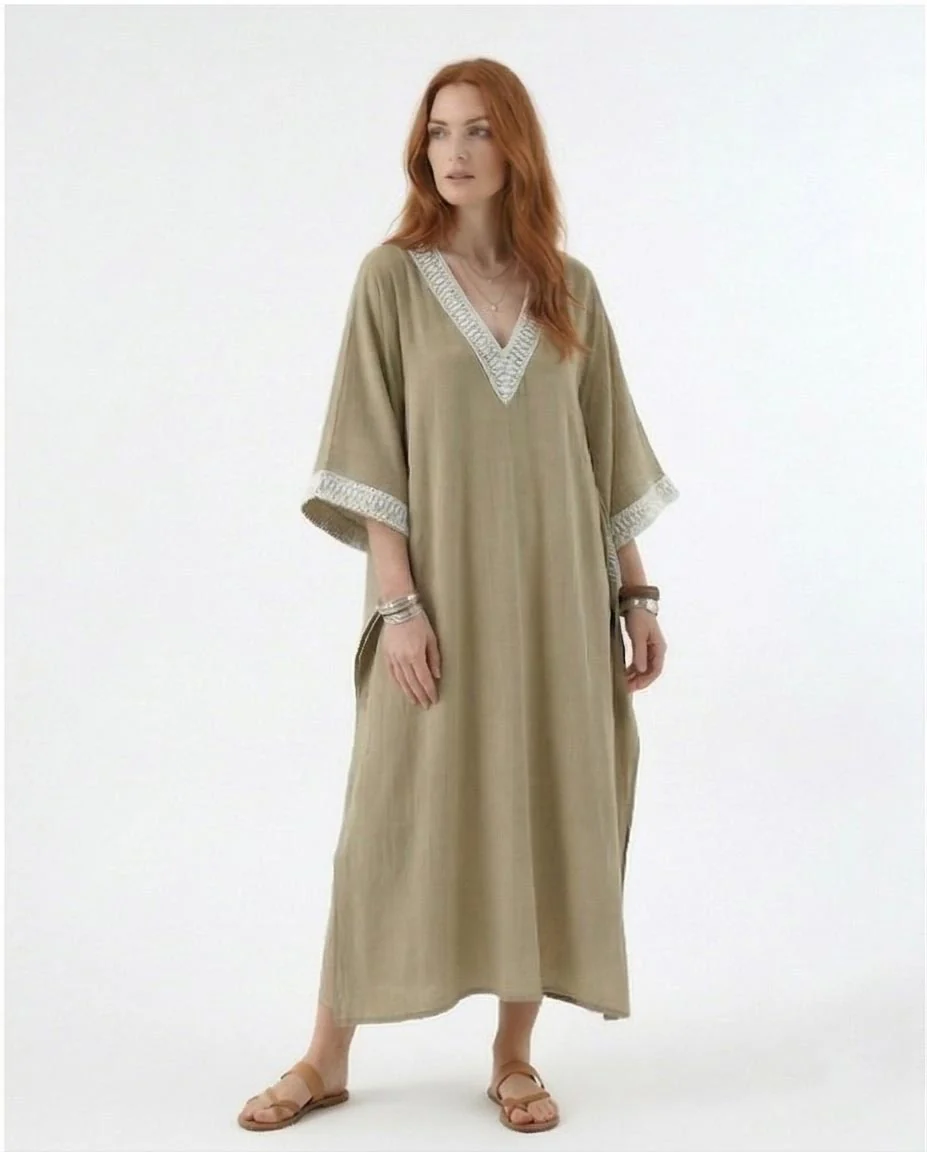 Embroidered V-Neck Kaftan Maxi Dress – Light Khaki - R217237 - Image 4