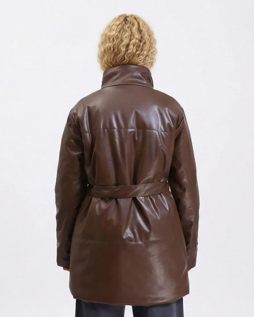 Ravin Faux-Leather Belted Puffer Jacket in Chocolate R211244 - Image 2