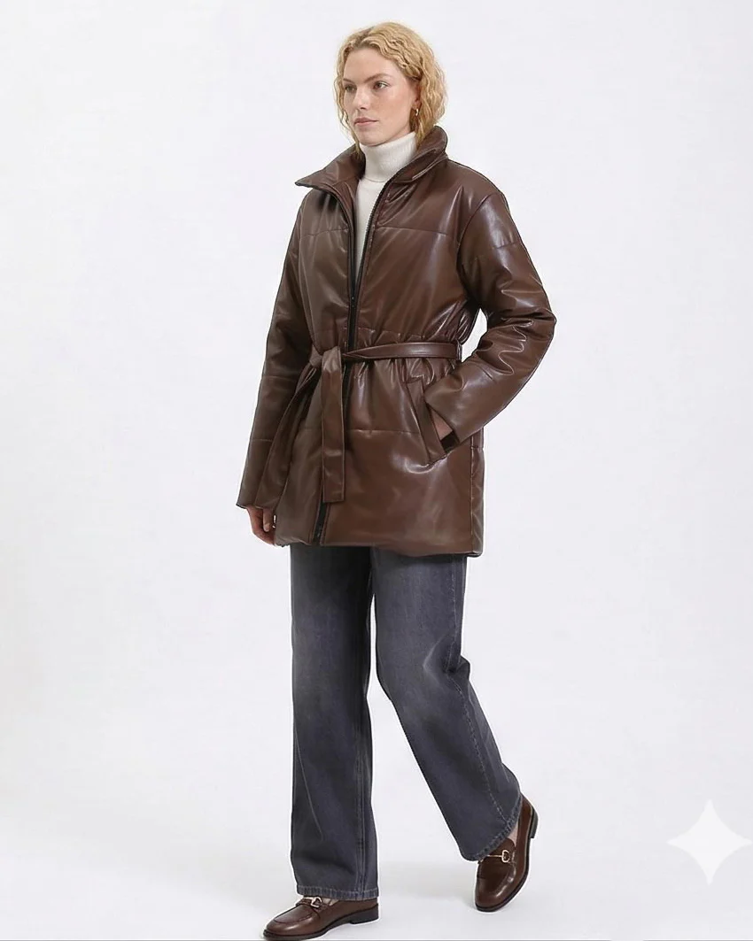 Ravin Faux-Leather Belted Puffer Jacket in Chocolate R211244 - Image 4