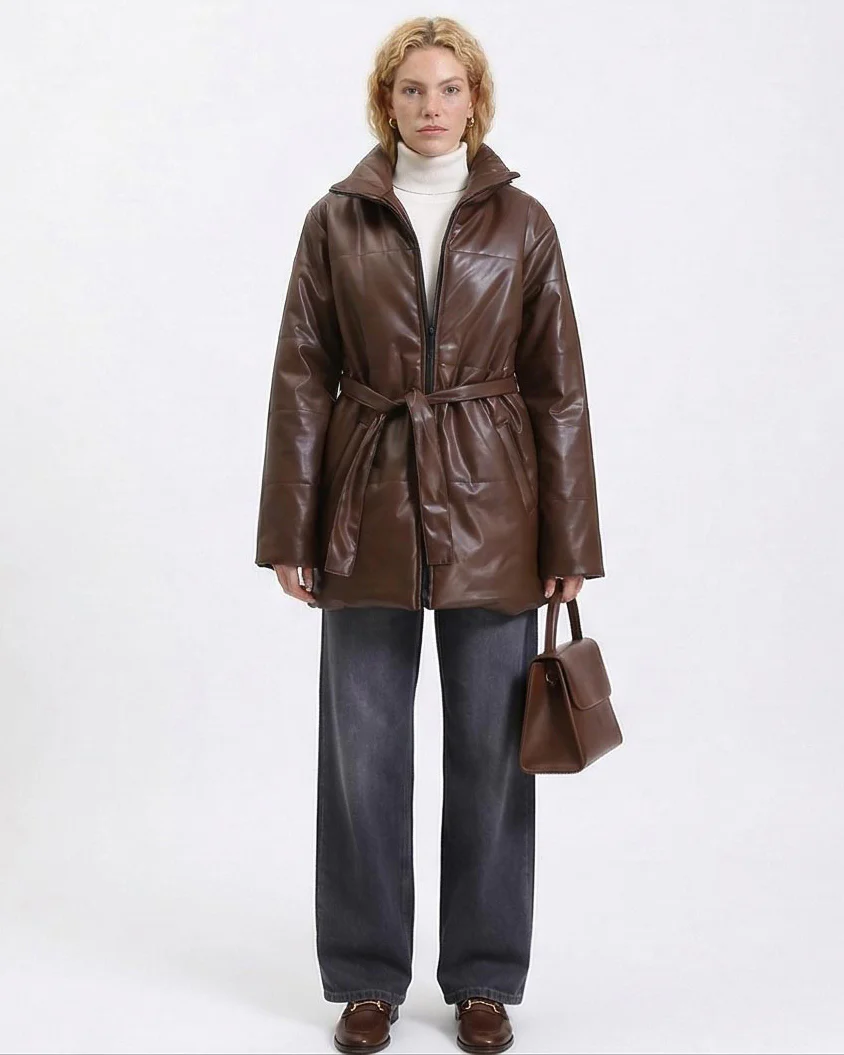 Ravin Faux-Leather Belted Puffer Jacket in Chocolate R211244 - Image 5
