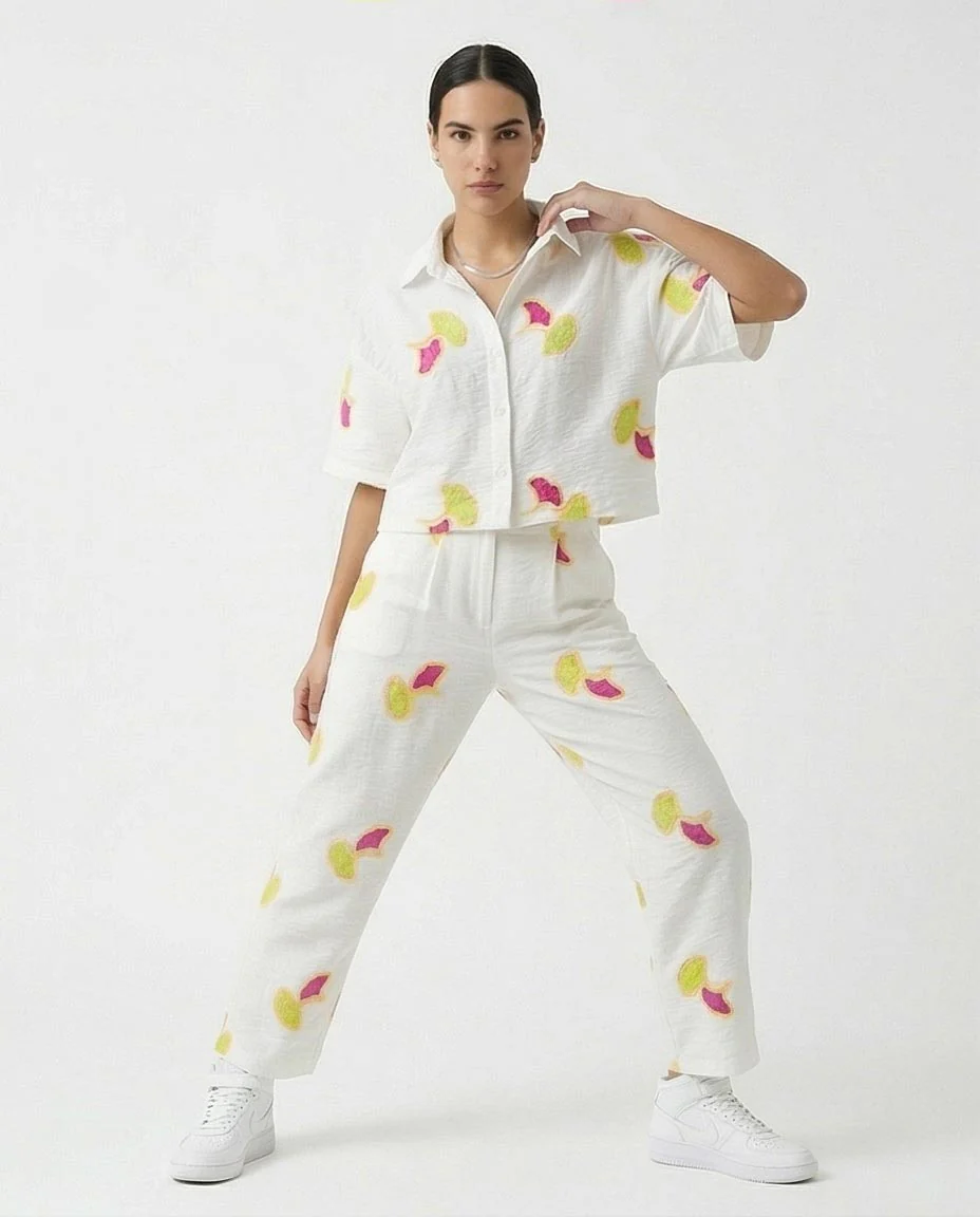 Ravin Ginkgo Leaf Embroidered Linen Cropped Shirt - White & Magenta - R216951 - Image 3