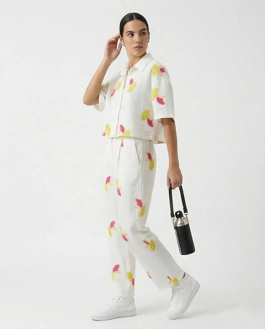 Ravin Ginkgo Leaf Embroidered Linen Cropped Shirt - White & Magenta - R216951 - Image 4