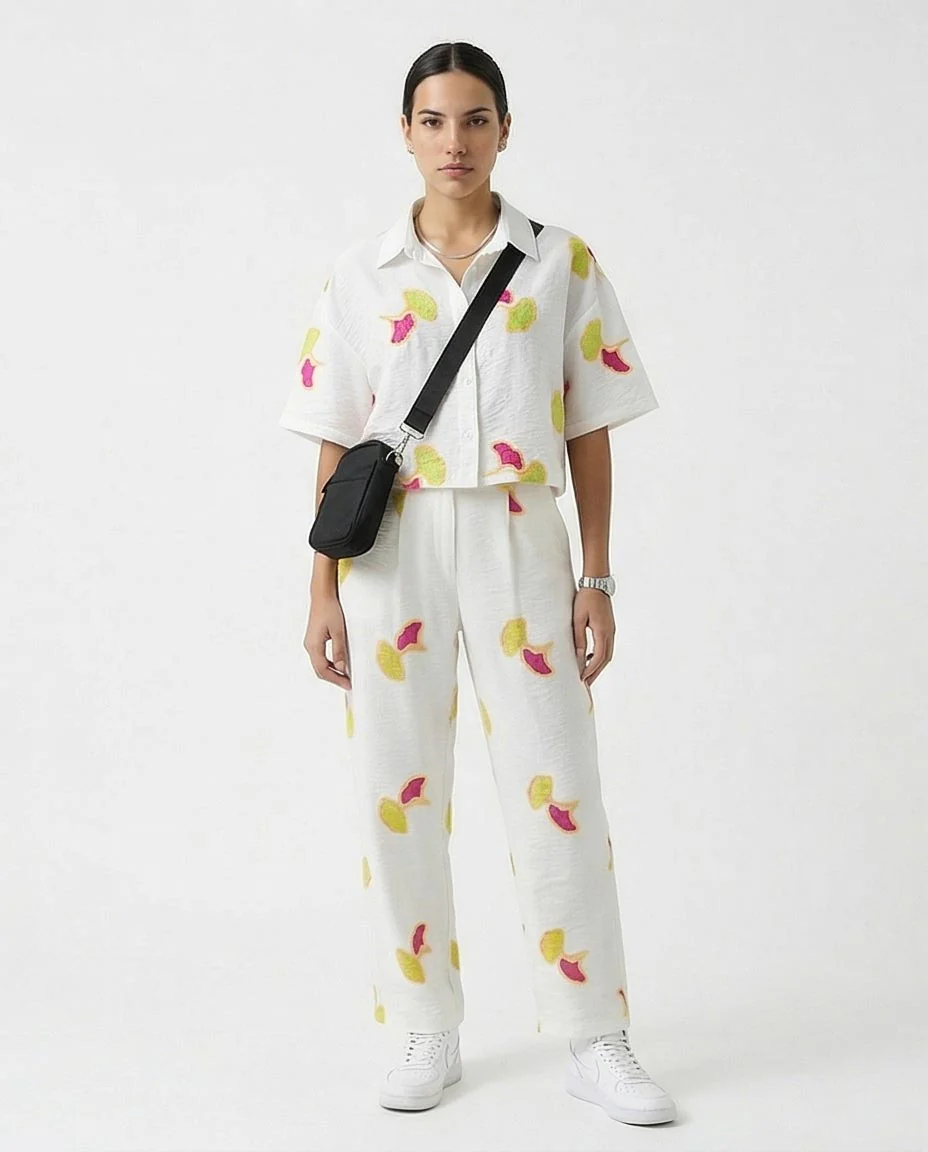 Ravin Ginkgo Leaf Embroidered Linen Straight-Leg Trousers - White & Magenta - R216947 - Image 3