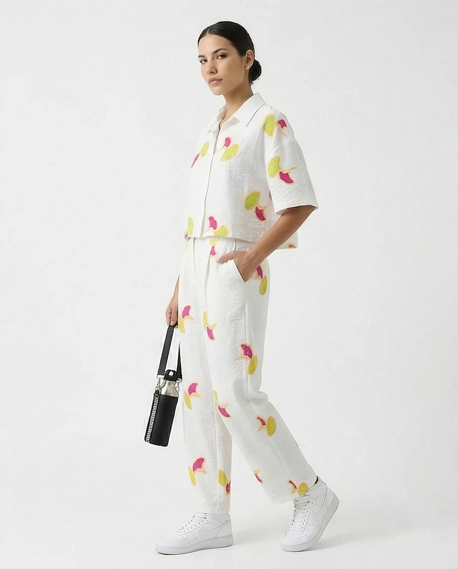 Ravin Ginkgo Leaf Embroidered Linen Straight-Leg Trousers - White & Magenta - R216947 - Image 4