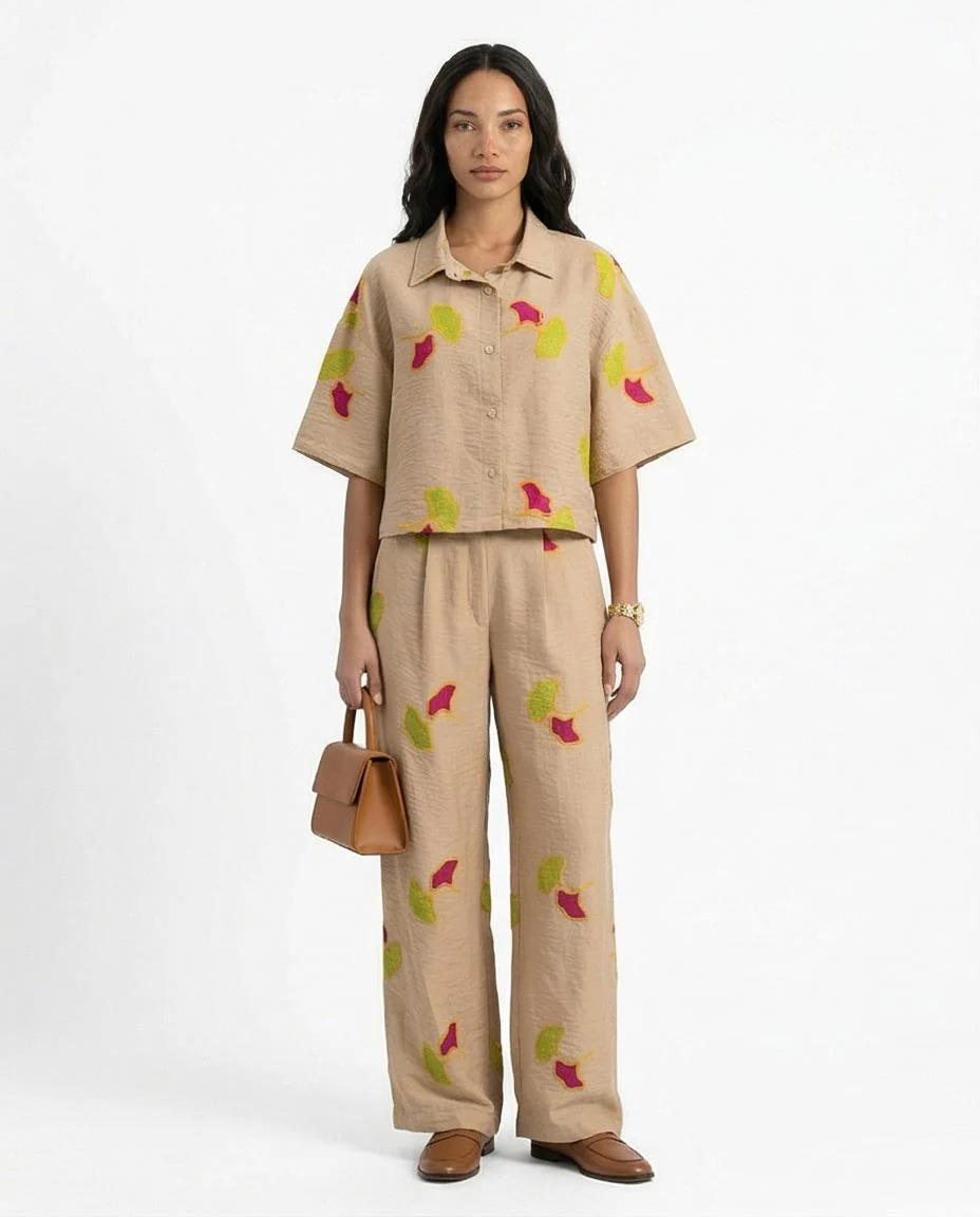 Ravin Ginkgo Leaf Embroidered Plissé Wide-Leg Pants - R216945 - Image 3