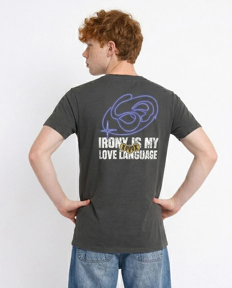 Ravin "Irony is My Love Language" Distressed Graphic T-Shirt - Charcoal Grey - R216397 - Image 2