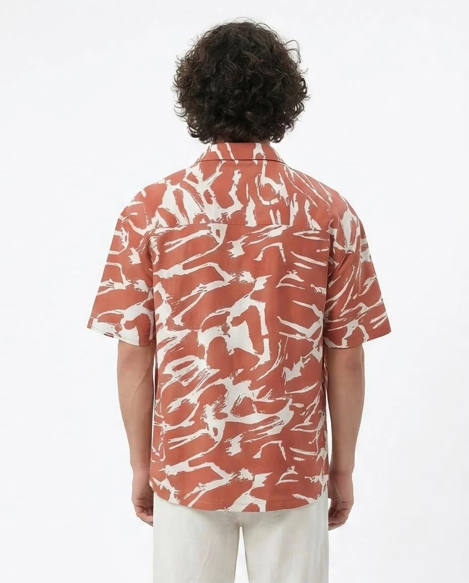 Ravin Men’s Abstract Tiger-Stripe Camp Collar Shirt – Terracotta & White - R210016 - Image 2