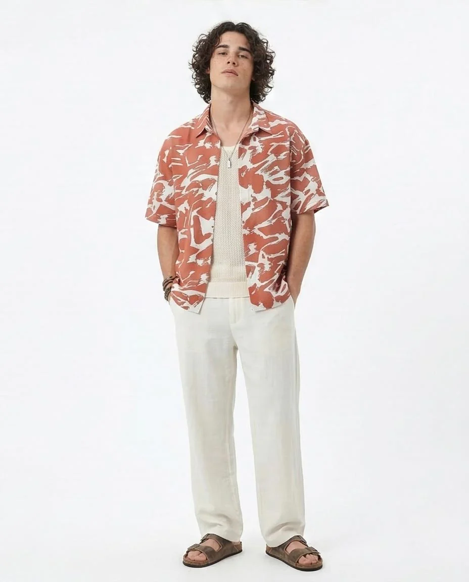Ravin Men’s Abstract Tiger-Stripe Camp Collar Shirt – Terracotta & White - R210016 - Image 3