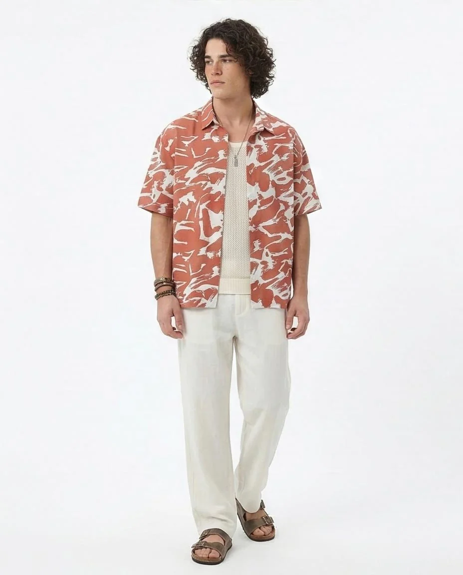 Ravin Men’s Abstract Tiger-Stripe Camp Collar Shirt – Terracotta & White - R210016 - Image 5