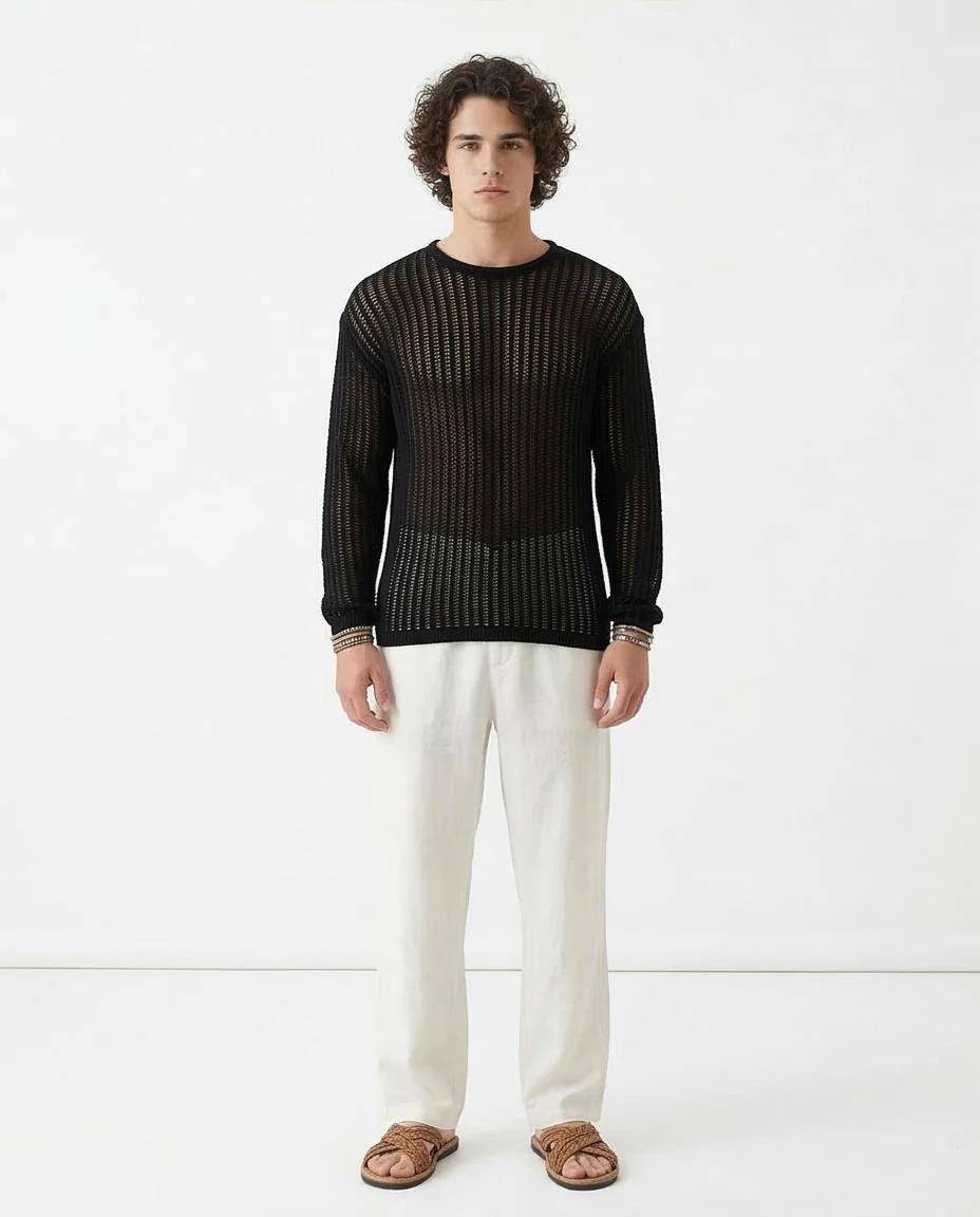Ravin Men’s Black Jacquard Tricot Long Sleeve Crew-Neck - Balck - R207760 - Image 3