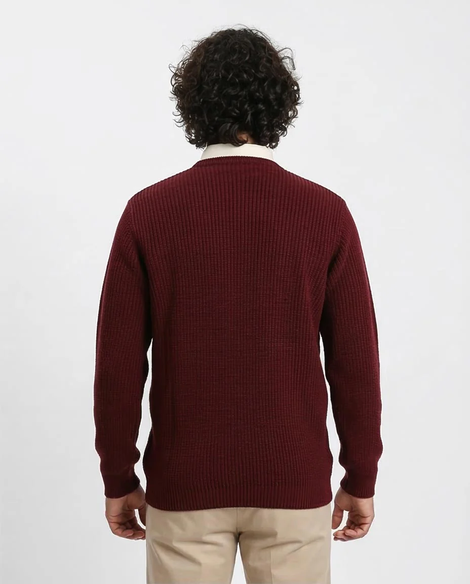 Ravin Men’s Chunky Ribbed Crewneck Knit Sweater – Burgundy - R212618 - Image 2