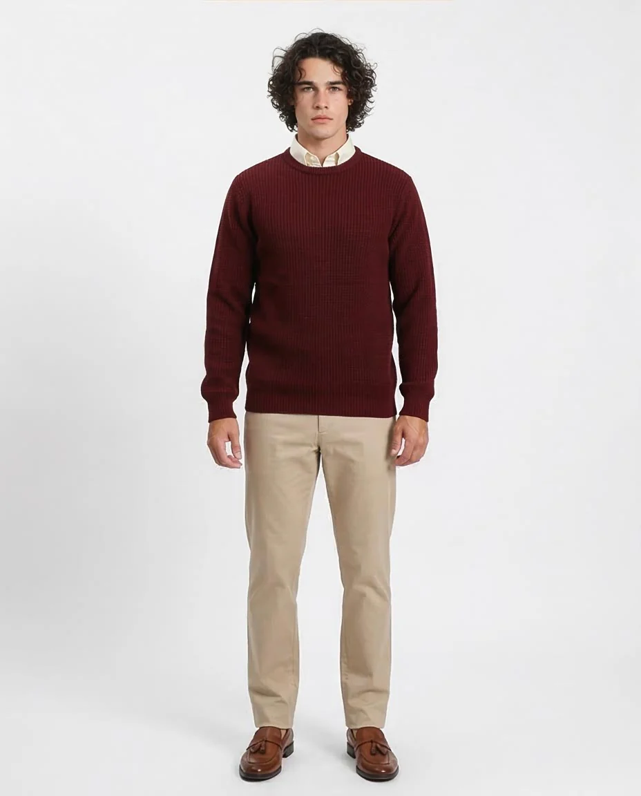 Ravin Men’s Chunky Ribbed Crewneck Knit Sweater – Burgundy - R212618 - Image 3
