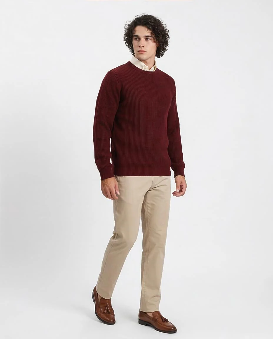 Ravin Men’s Chunky Ribbed Crewneck Knit Sweater – Burgundy - R212618 - Image 5
