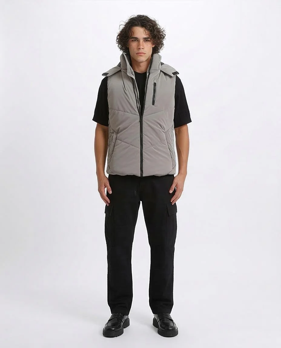 Ravin Men’s Hooded Puffer Vest – Chevron Quilted Technical Gilet with Zip Pocket - O202805 - Image 3