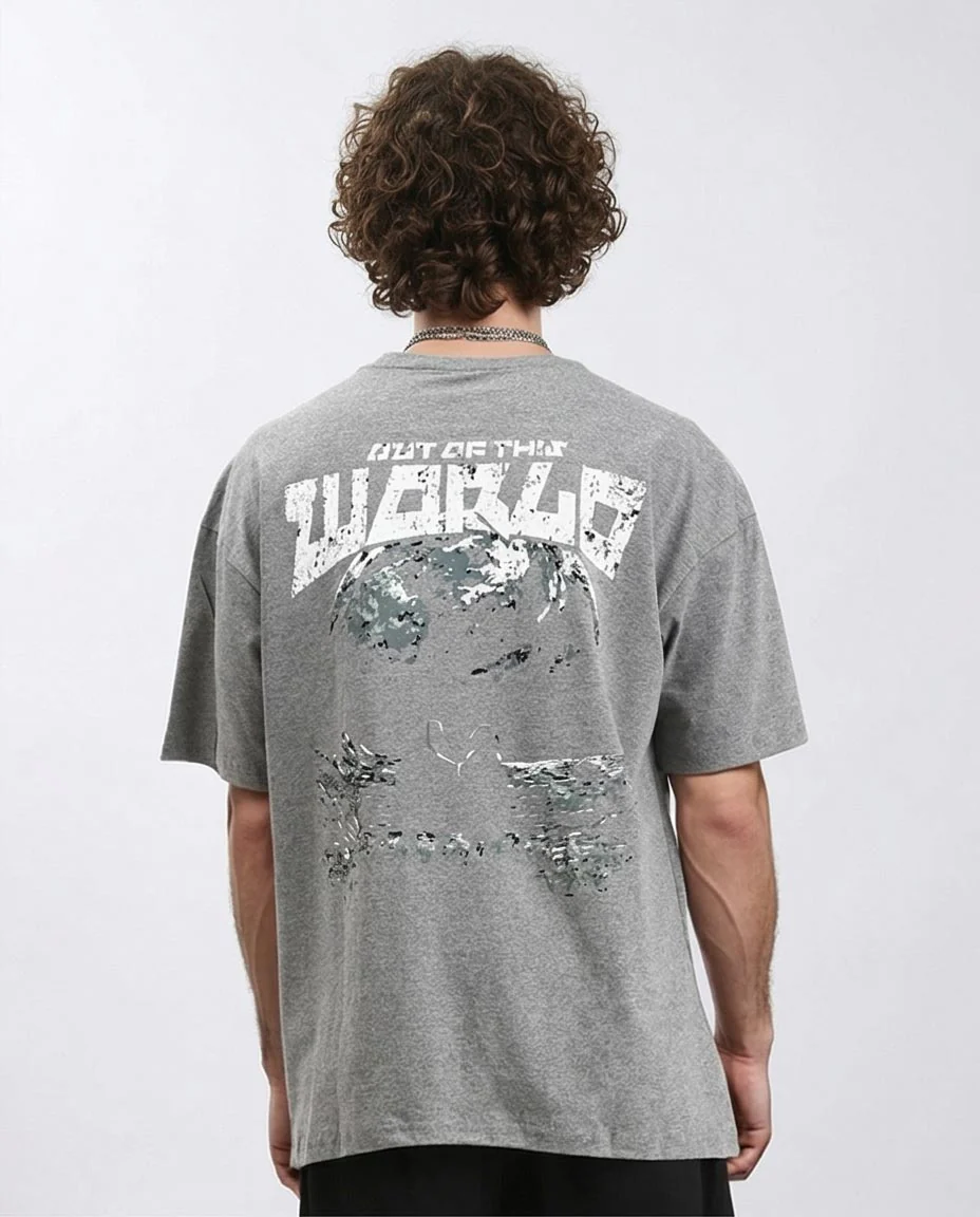 Ravin Men’s Oversized "Out Of This World" Distressed Graphic T-Shirt – Heather Grey - R212291 - Image 2