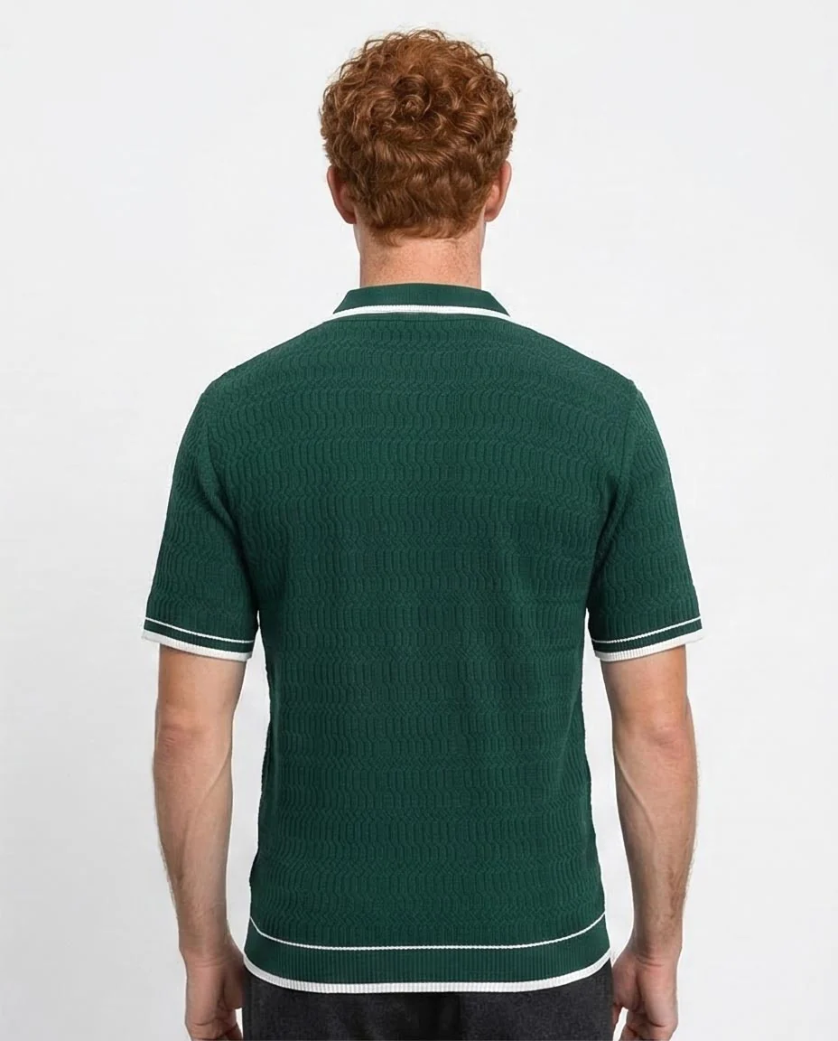 Ravin Mens Quarter-Zip Wave Texture Polo Shirt - Cotton Blend - Forest Green - R213026 - Image 2