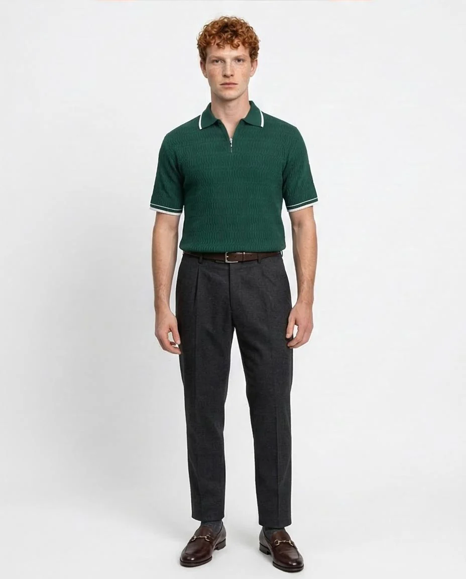 Ravin Mens Quarter-Zip Wave Texture Polo Shirt - Cotton Blend - Forest Green - R213026 - Image 3