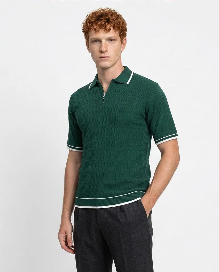 Ravin Mens Quarter-Zip Wave Texture Polo Shirt - Cotton Blend - Forest Green - R213026 - Image 5