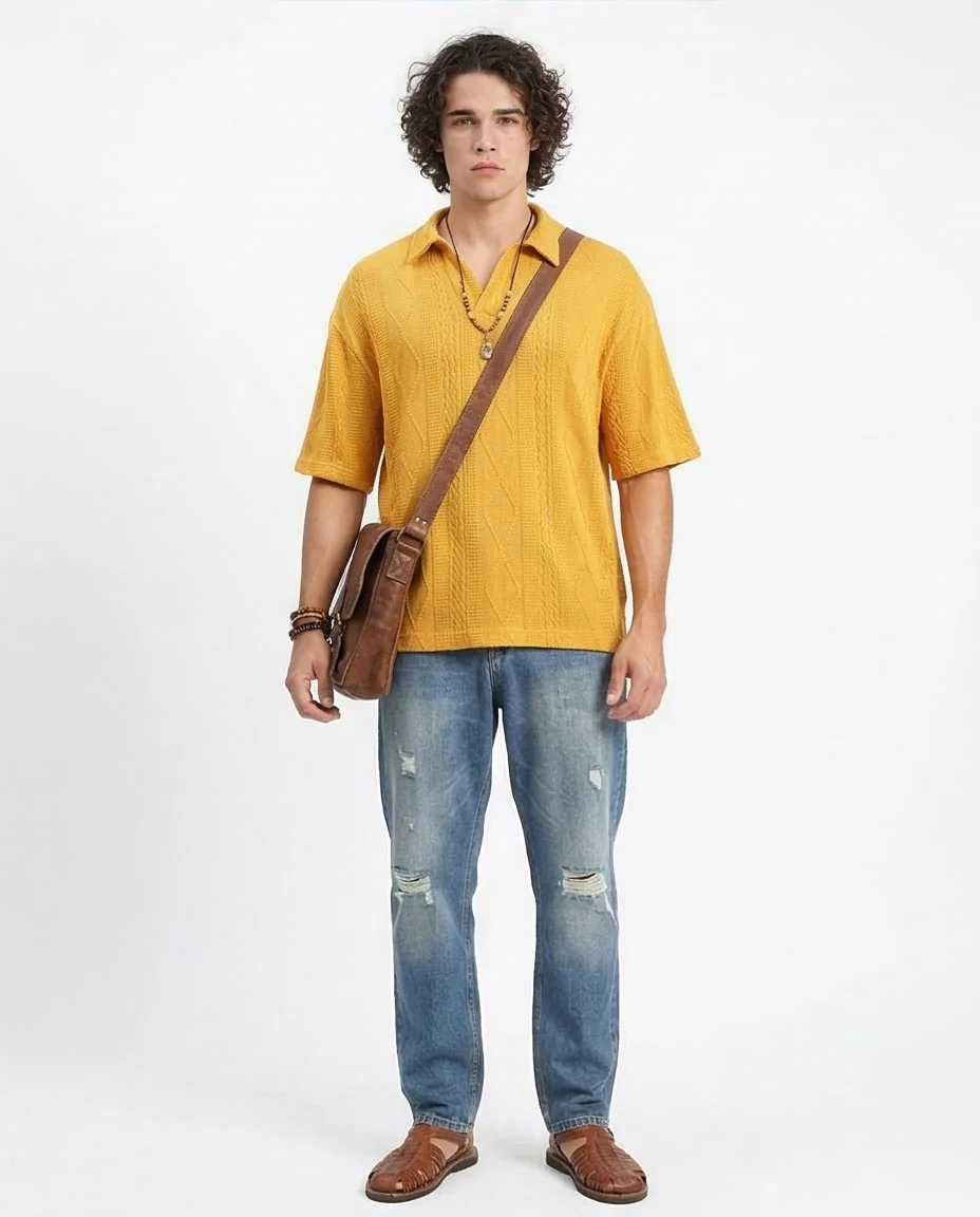 Ravin Men’s Relaxed-Fit Textured Cable-Knit Polo Shirt – Mustard Yellow - R214890 - Image 3